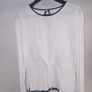Zara White Long-Sleeve Tie-Front Top with Black Trim